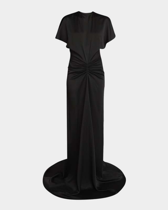 Gathered-Waist Backless Satin Gown